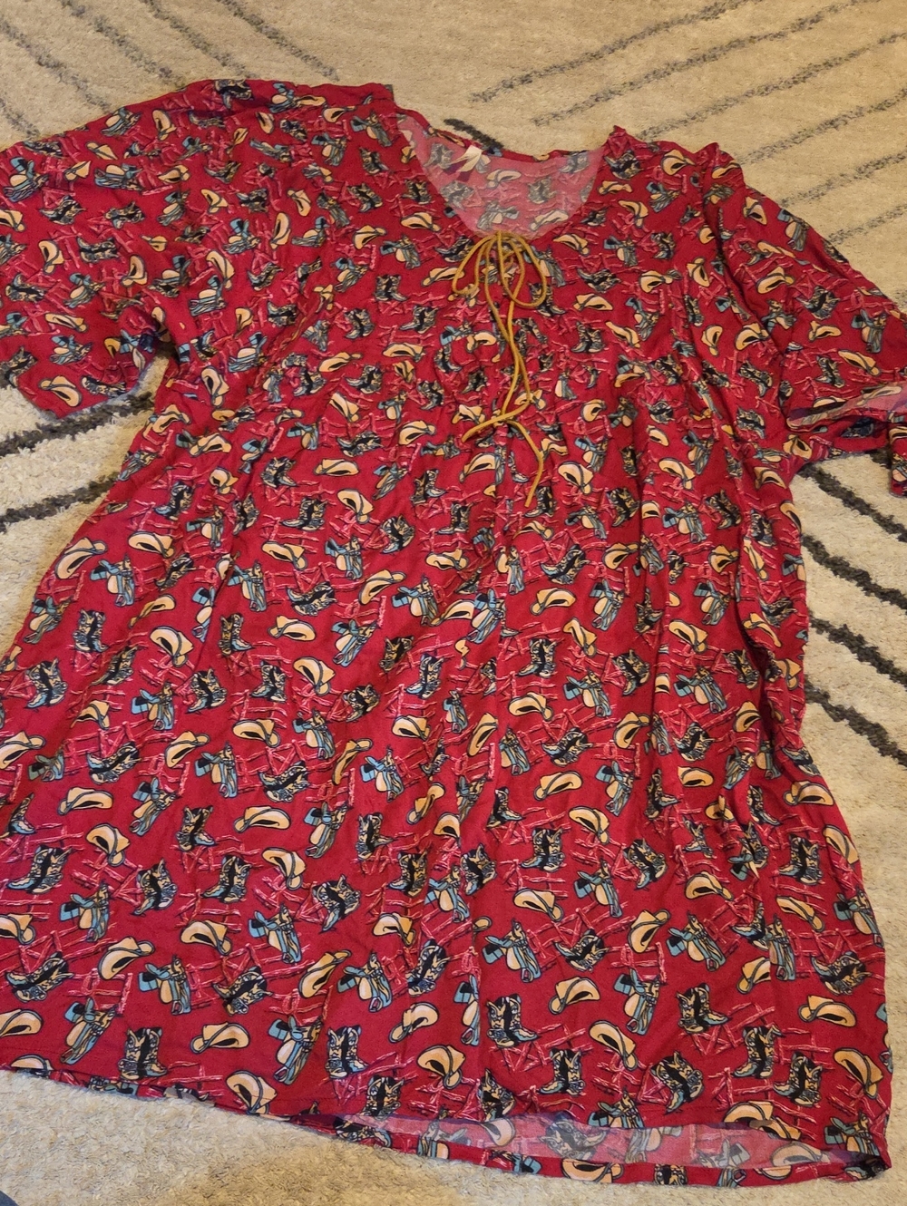 Roper Red Printed Midi Dress with Western Motif and Tie